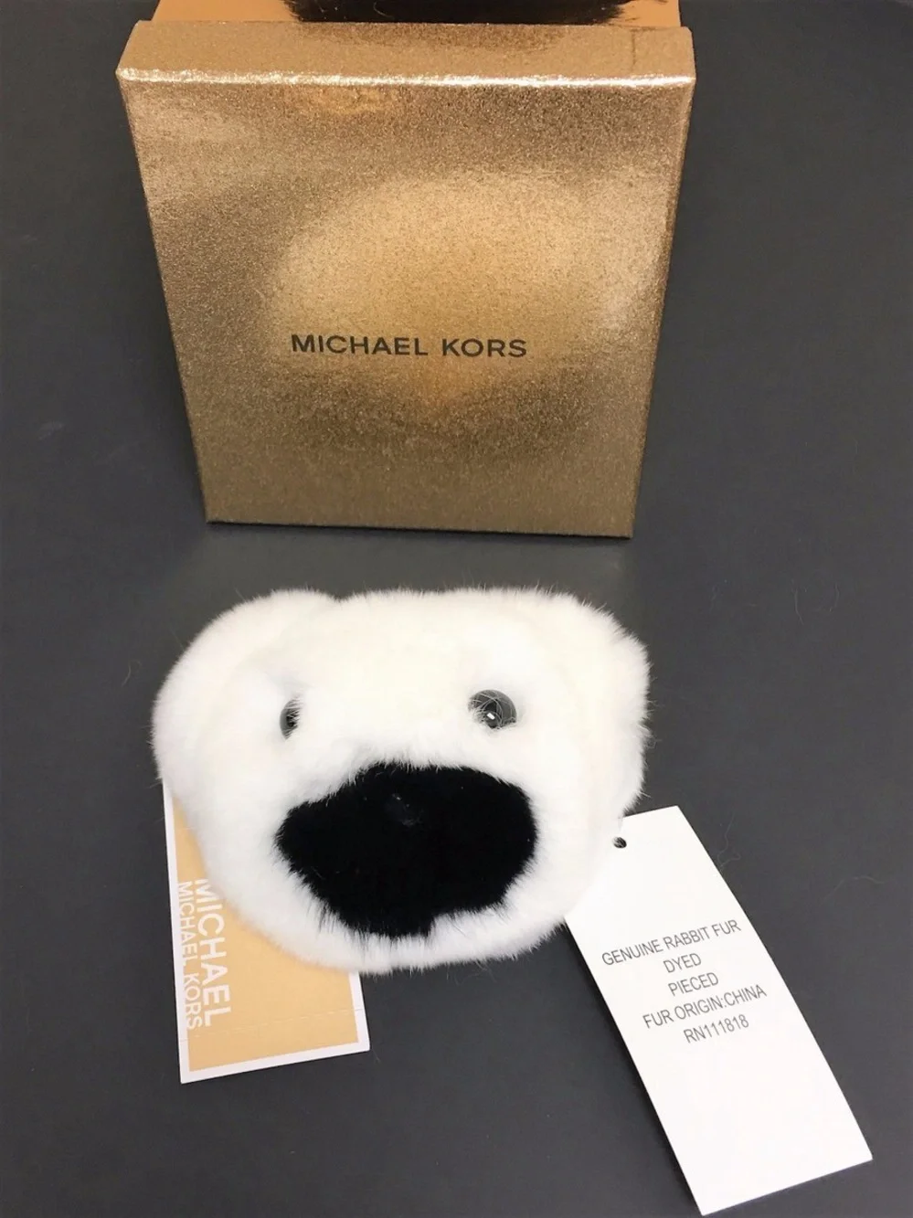 Michael Kors NWT White Plush Bear Face Keychain BAG CHARM with Black Nose